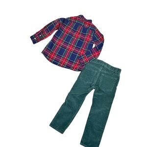 Crewcuts red tartan Plaid button Down shirt & Green Corduroy pants size 3(boys)